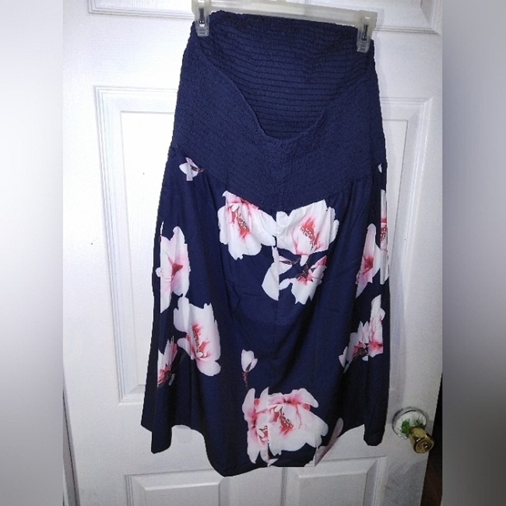 Navy and floral strapless dress